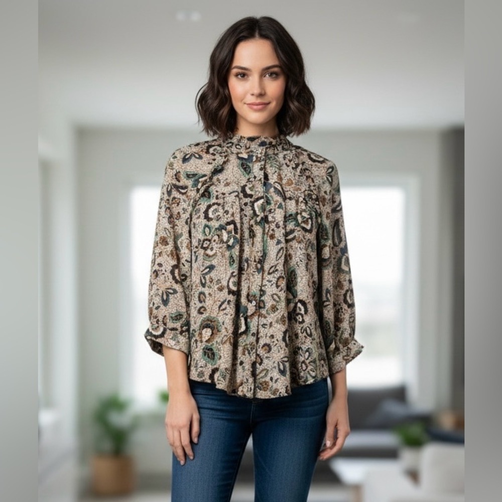 Evereve Paisley Ruffle Neck Blouse Green Brown Boho Size Small